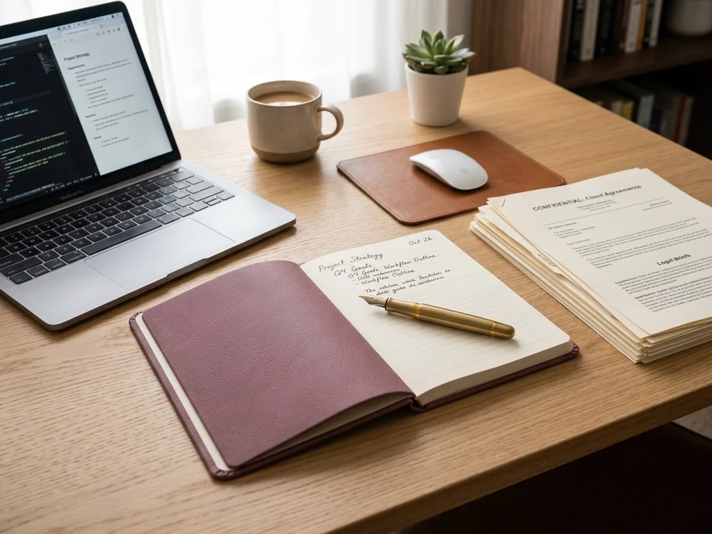 Bureau ordonné avec un carnet prune et un stylo doré illustrant la transparence légale.