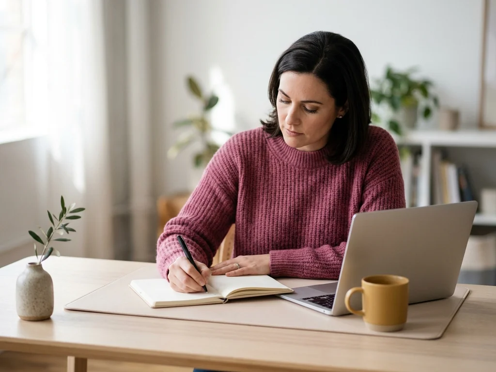 Une professionnelle note des idées dans un carnet pour préparer une consultation personnalisée.